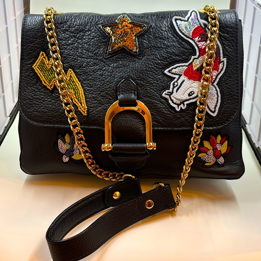 Black leather Sam Edelman Beaded appliqué designer handbag